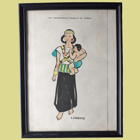 Vintage Framed "The Indigenous People of Sabah - Lundaye" Book Page - Picture 1 of 5
